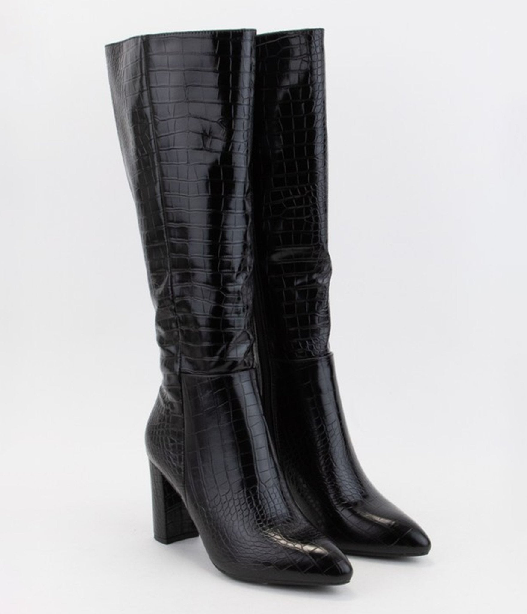 Black Patent Leatherette Crocodile Knee High Boots - Unique Vintage - Womens, SHOES, BOOTS