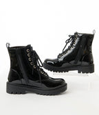 Black Patent Leatherette Lace Up Boots - Unique Vintage - Womens, SHOES, BOOTS