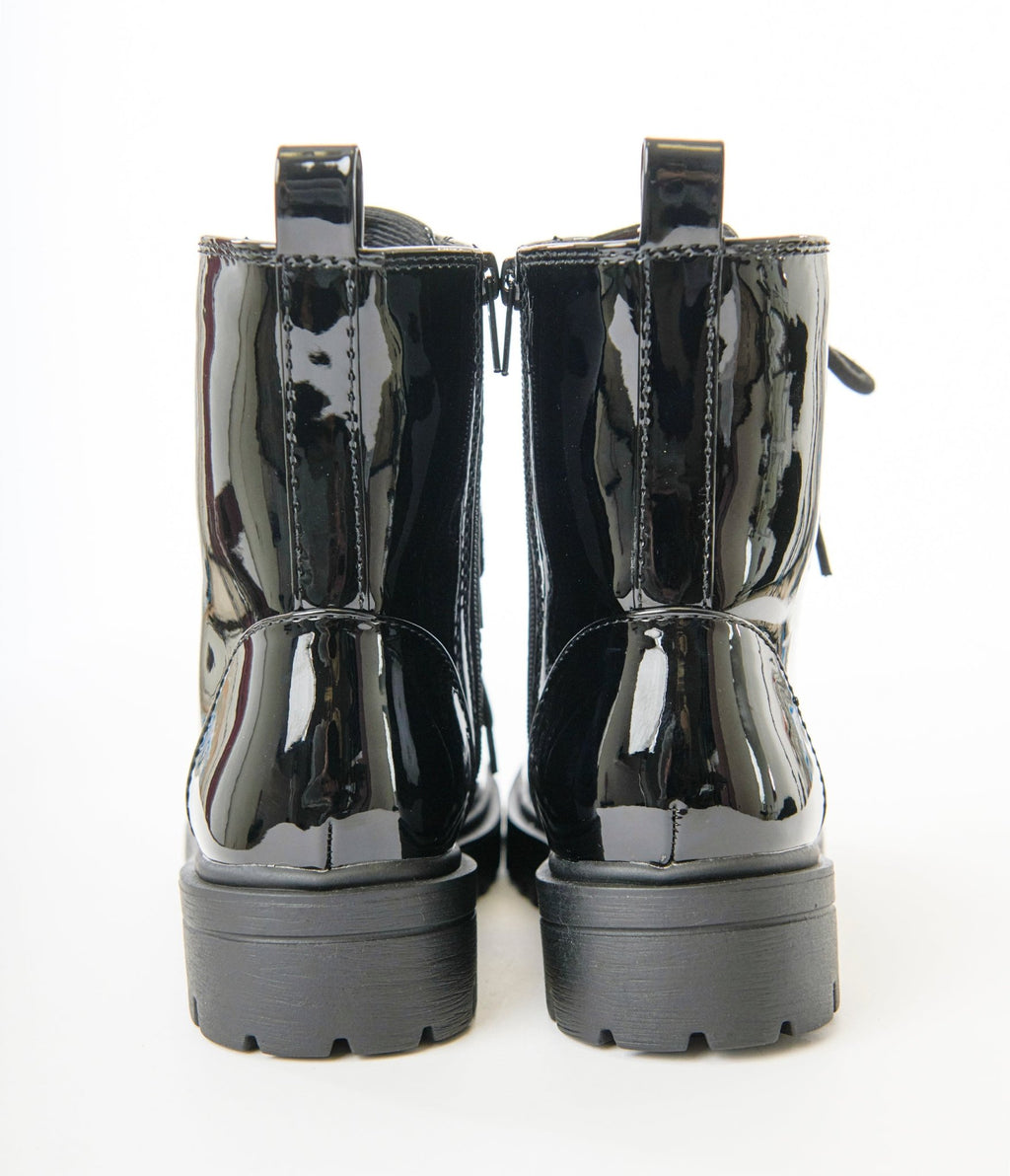 Black Patent Leatherette Lace Up Boots - Unique Vintage - Womens, SHOES, BOOTS