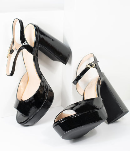 Black Patent Leatherette Peep Toe Platforms - Unique Vintage - Womens, SHOES, HEELS