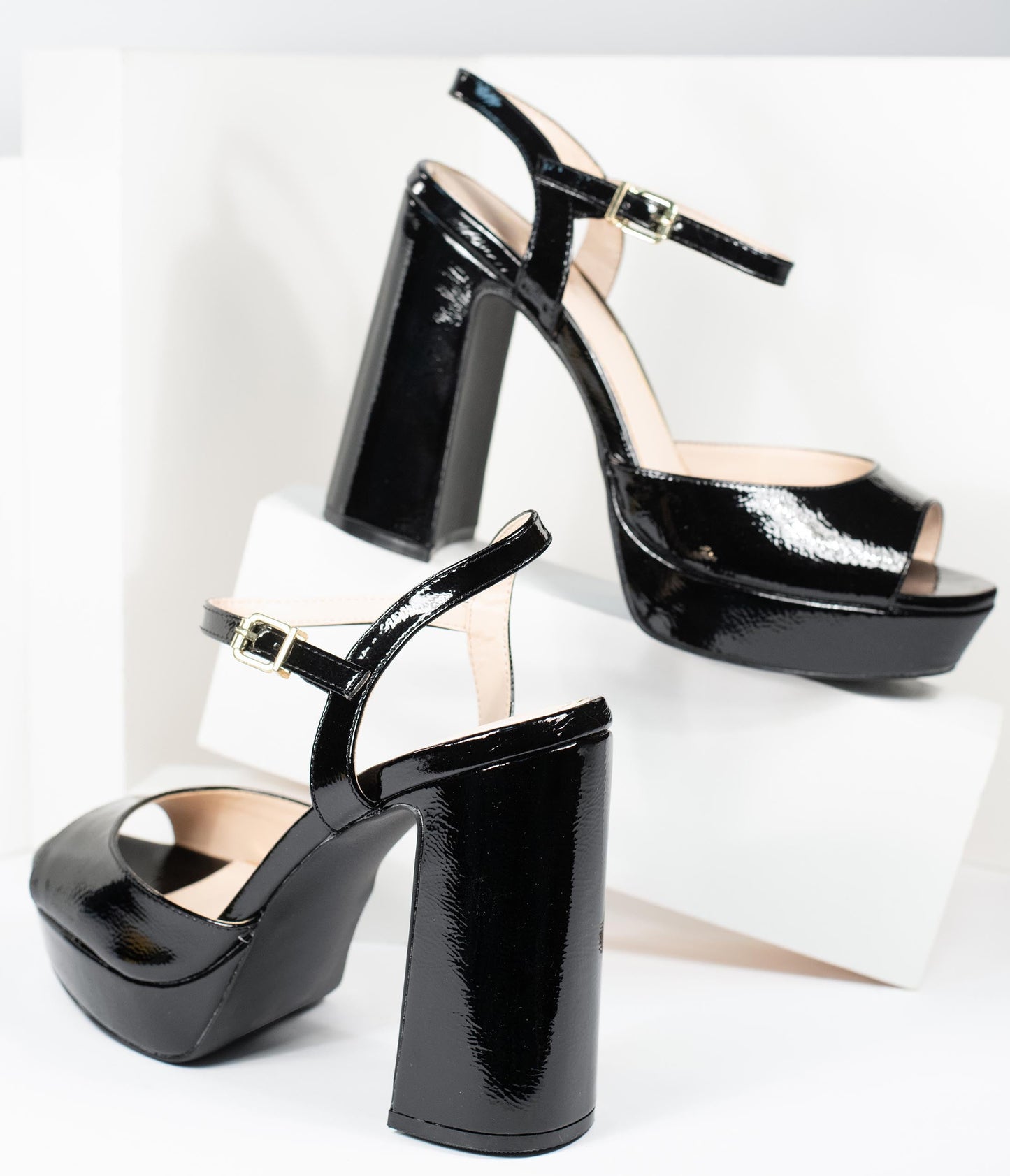 Black Patent Leatherette Peep Toe Platforms - Unique Vintage - Womens, SHOES, HEELS