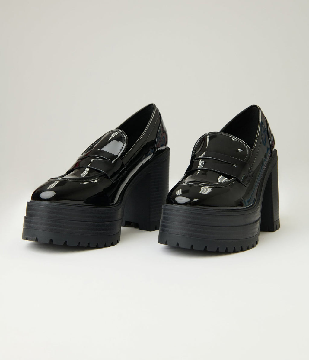 Black Patent Leatherette Platform Loafers - Unique Vintage - Womens, SHOES, LOAFERS