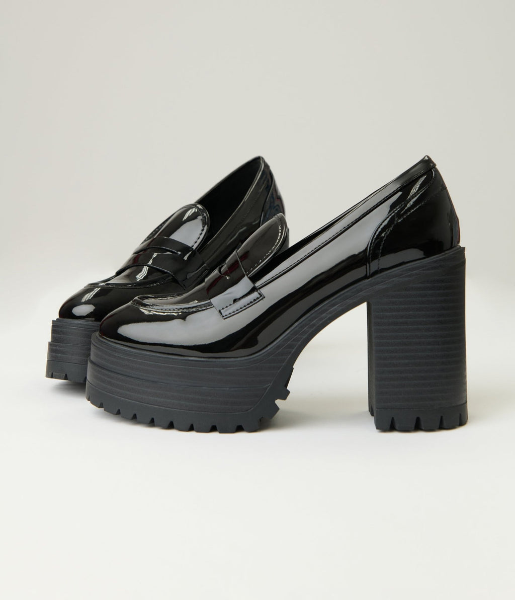 Black Patent Leatherette Platform Loafers - Unique Vintage - Womens, SHOES, LOAFERS