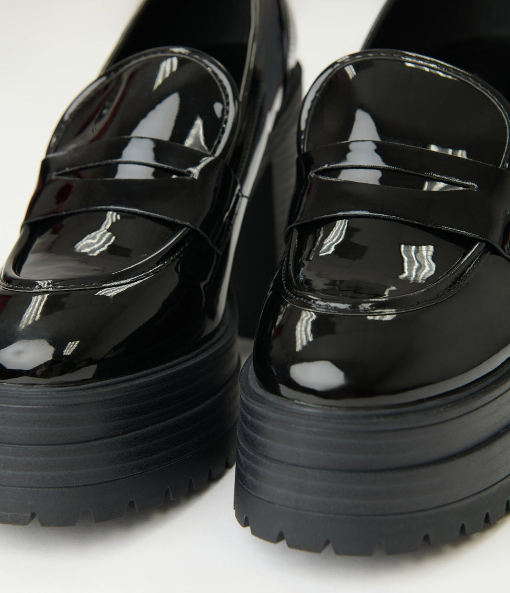 Black Patent Leatherette Platform Loafers - Unique Vintage - Womens, SHOES, LOAFERS