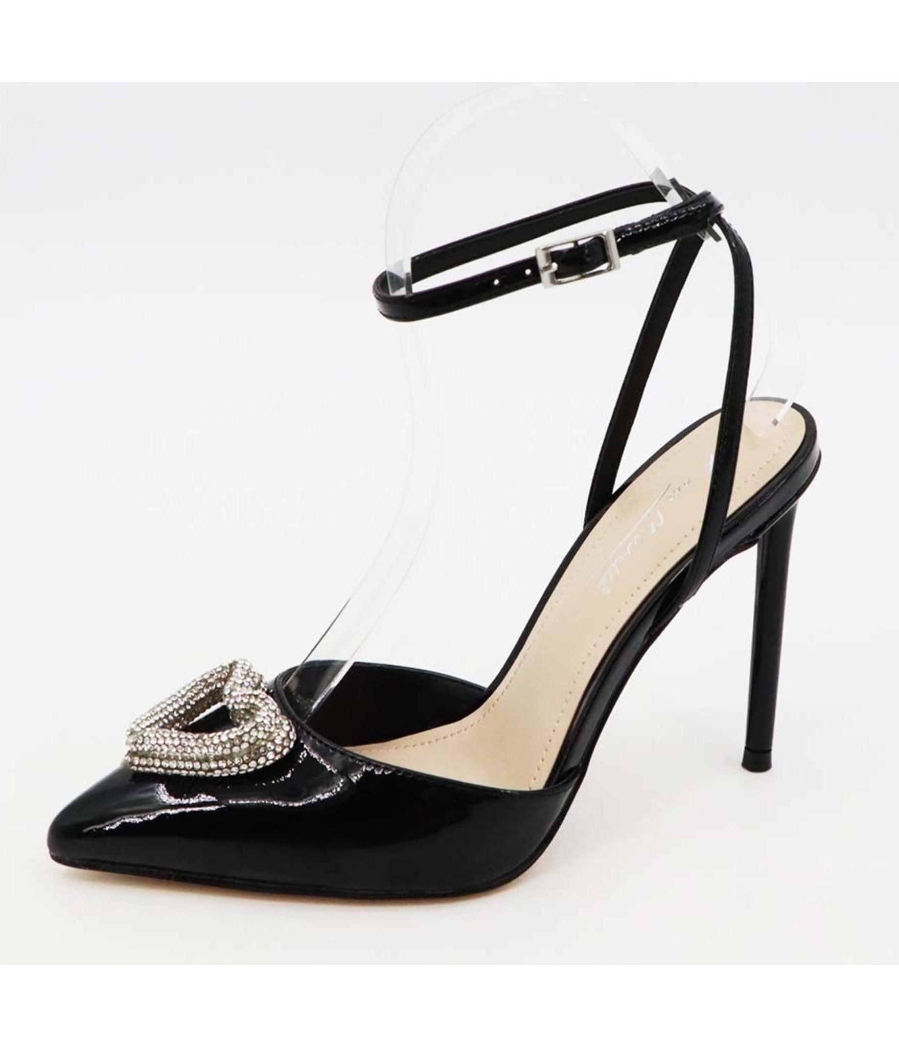 Black Patent Leatherette Rhinestone Heart Pumps - Unique Vintage - Womens, SHOES, HEELS