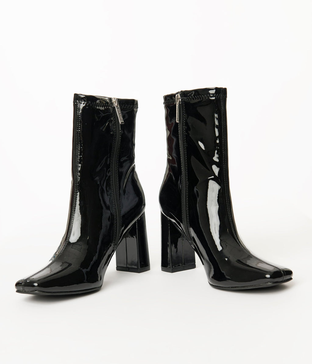 Black Patent Leatherette Square Toe Belinda Booties - Unique Vintage - Womens, SHOES, BOOTS