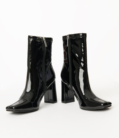 Black Patent Leatherette Square Toe Belinda Booties - Unique Vintage - Womens, SHOES, BOOTS