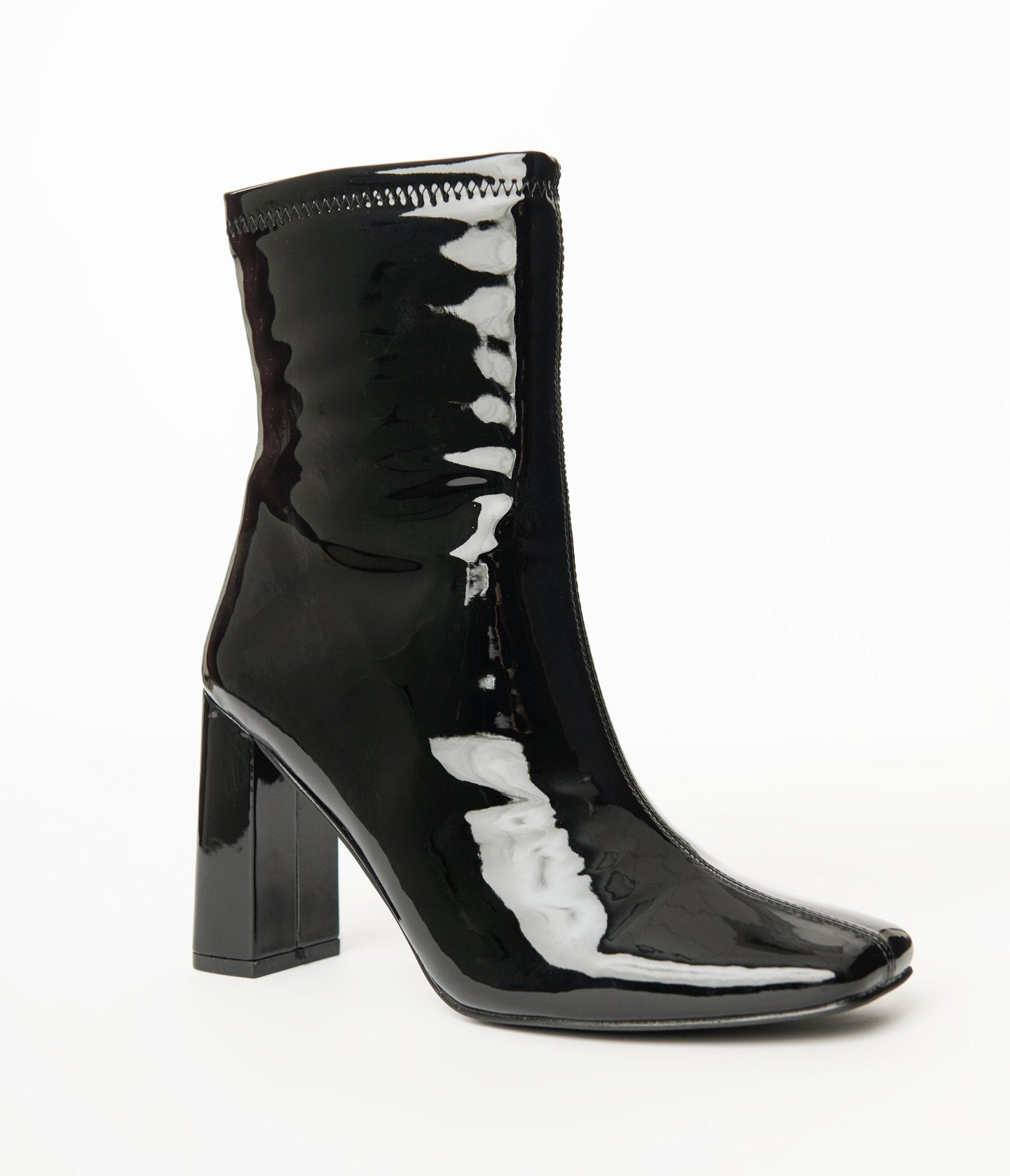 Black Patent Leatherette Square Toe Belinda Booties - Unique Vintage - Womens, SHOES, BOOTS