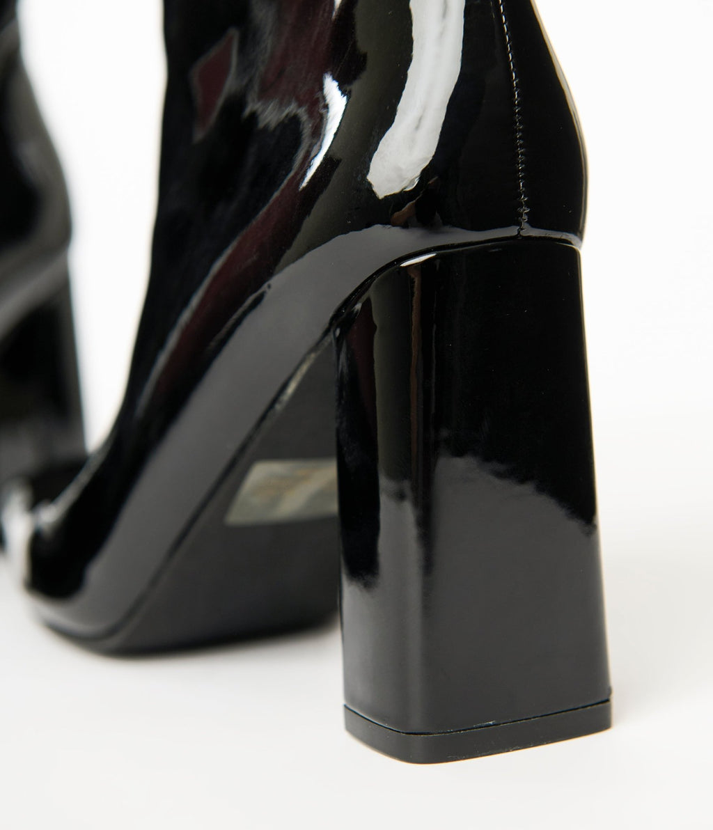 Black Patent Leatherette Square Toe Belinda Booties - Unique Vintage - Womens, SHOES, BOOTS