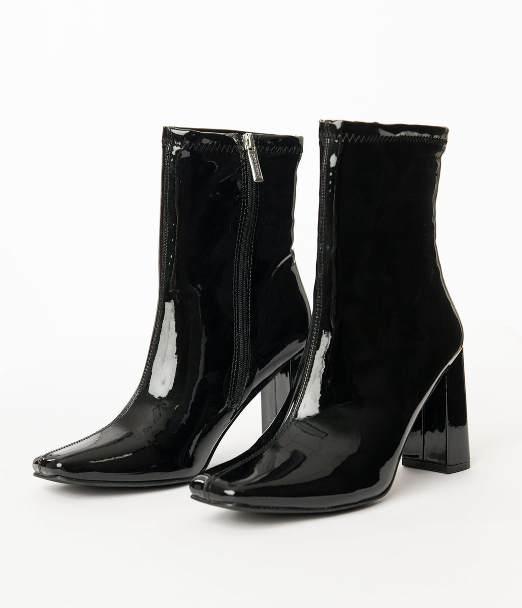 Black Patent Leatherette Square Toe Belinda Booties - Unique Vintage - Womens, SHOES, BOOTS