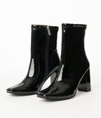 Black Patent Leatherette Square Toe Belinda Booties - Unique Vintage - Womens, SHOES, BOOTS