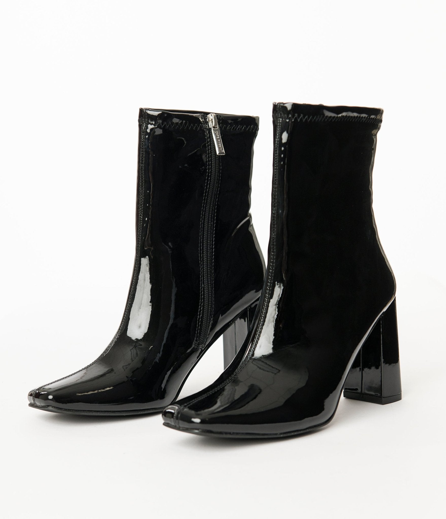 Black Patent Leatherette Square Toe Belinda Booties - Unique Vintage - Womens, SHOES, BOOTS