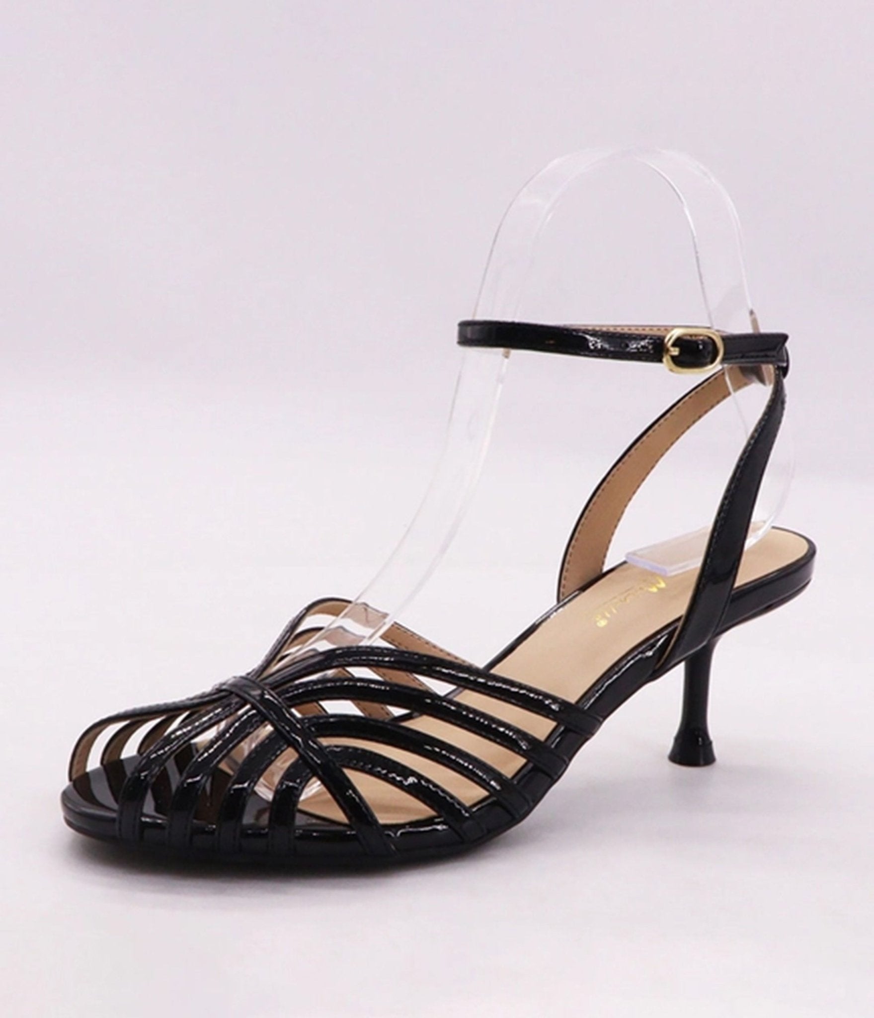 Black Patent Leatherette Strappy Kitten Heels - Unique Vintage - Womens, SHOES, HEELS