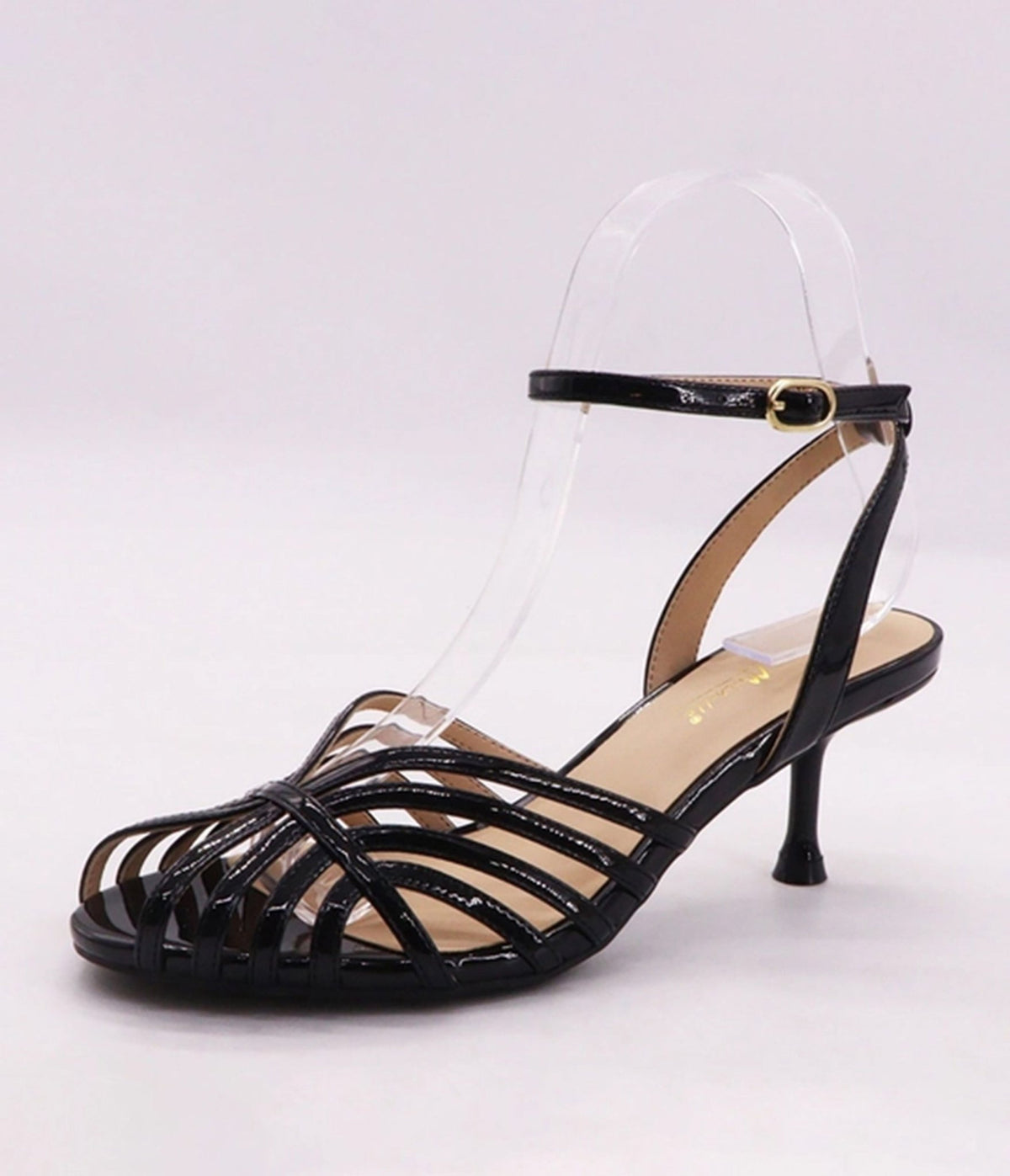 Black Patent Strappy Kitten Heel Sandals - Unique Vintage - Womens, SHOES, HEELS