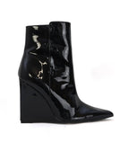 Black Patent Wedge Booties - Unique Vintage - Womens, SHOES, BOOTS