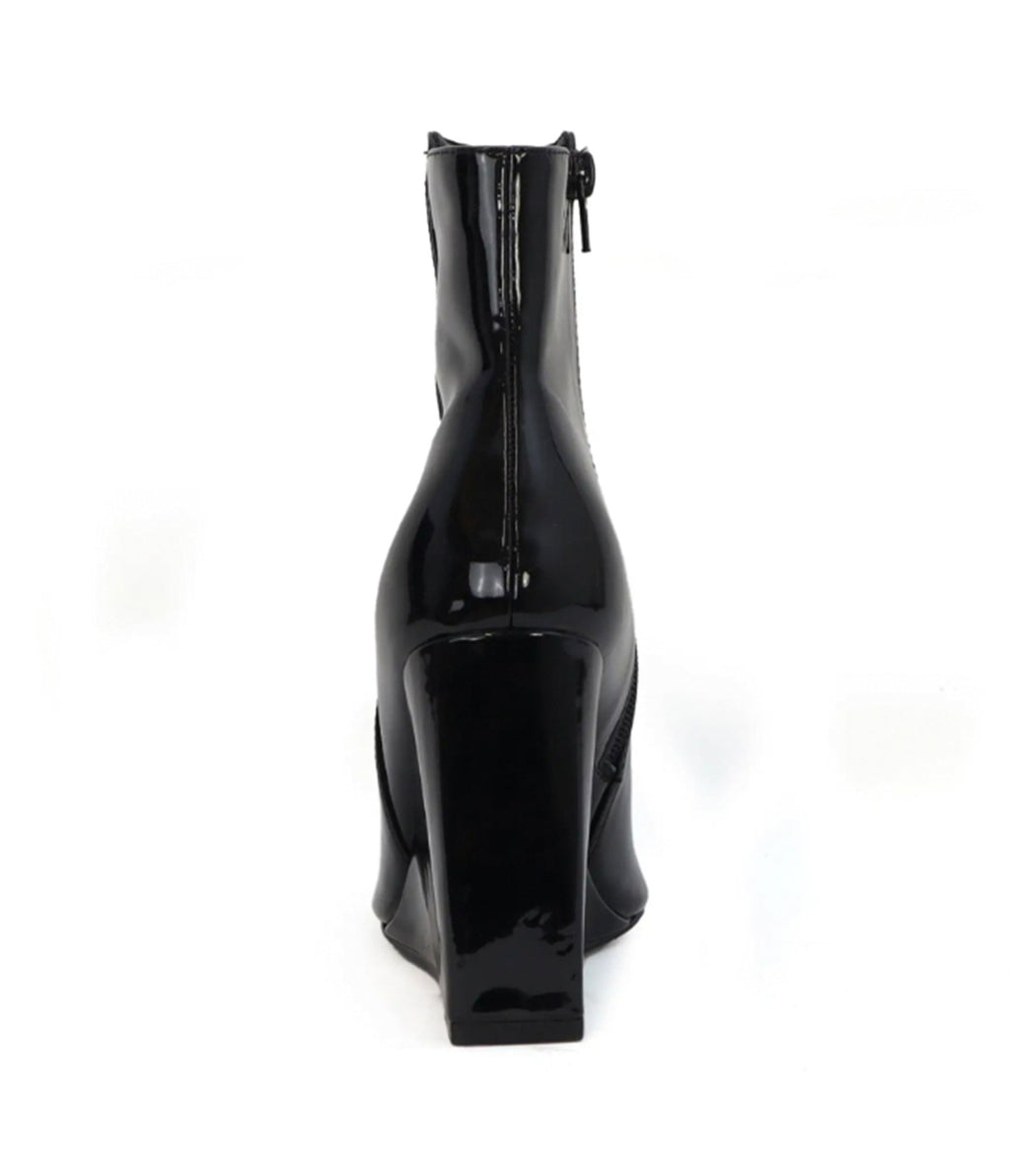 Black Patent Wedge Booties - Unique Vintage - Womens, SHOES, BOOTS