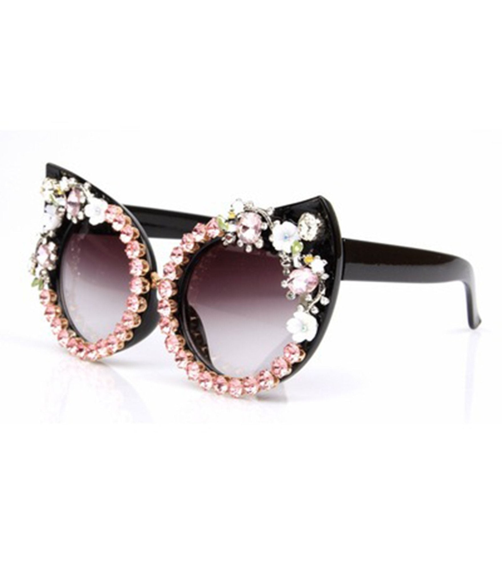 Black & Pink Floral Rhinestone Cat Eye Sunglasses - Unique Vintage - Womens, ACCESSORIES, SUNGLASSES