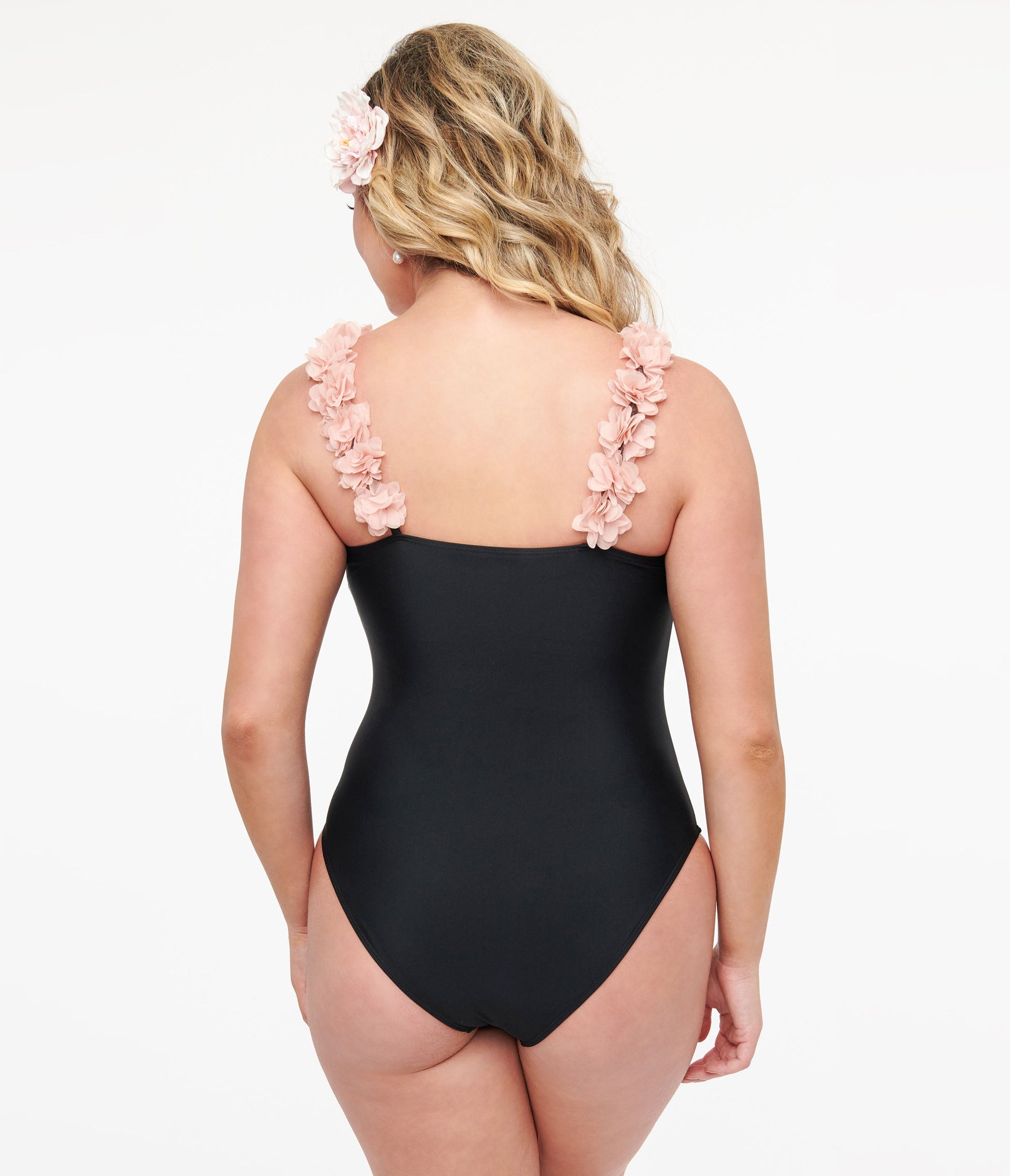 Black & Pink Flower One Piece Swimsuit - Unique Vintage - Womens, SWIM, 1 PC