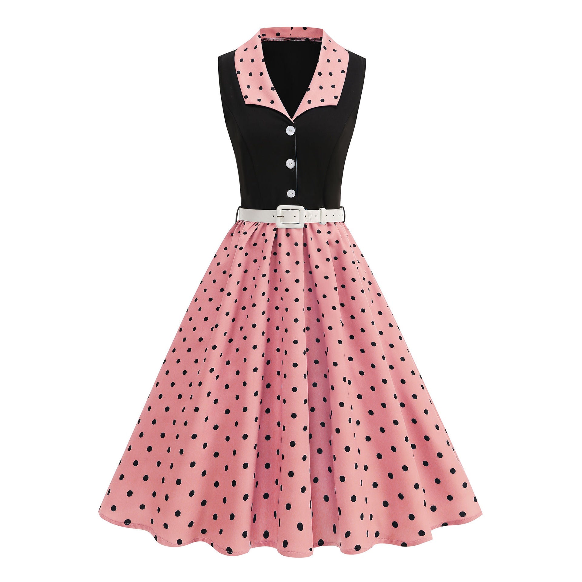 Black & Pink Polka Dot Belted Swing Dress - Unique Vintage - Womens, DRESSES, SWING