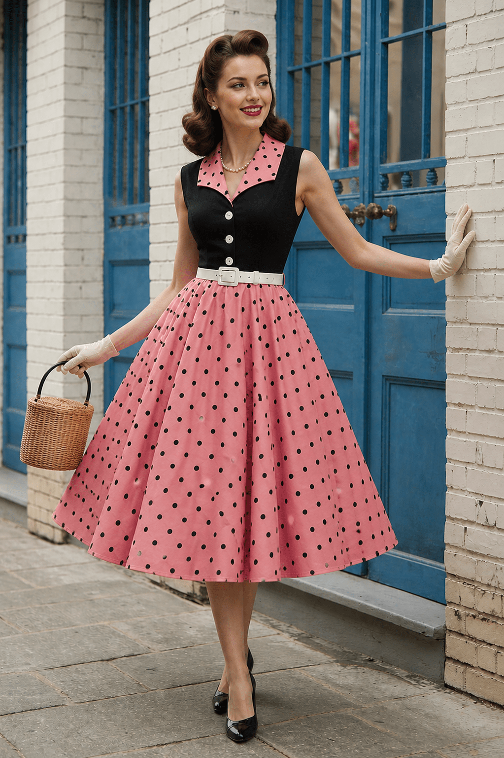 Black & Pink Polka Dot Belted Swing Dress - Unique Vintage - Womens, DRESSES, SWING