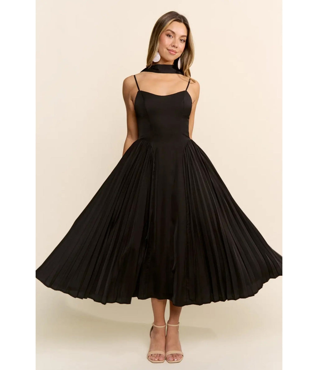 Black Pleated Midi Dress Set - Unique Vintage - Fit & Flare Dresses