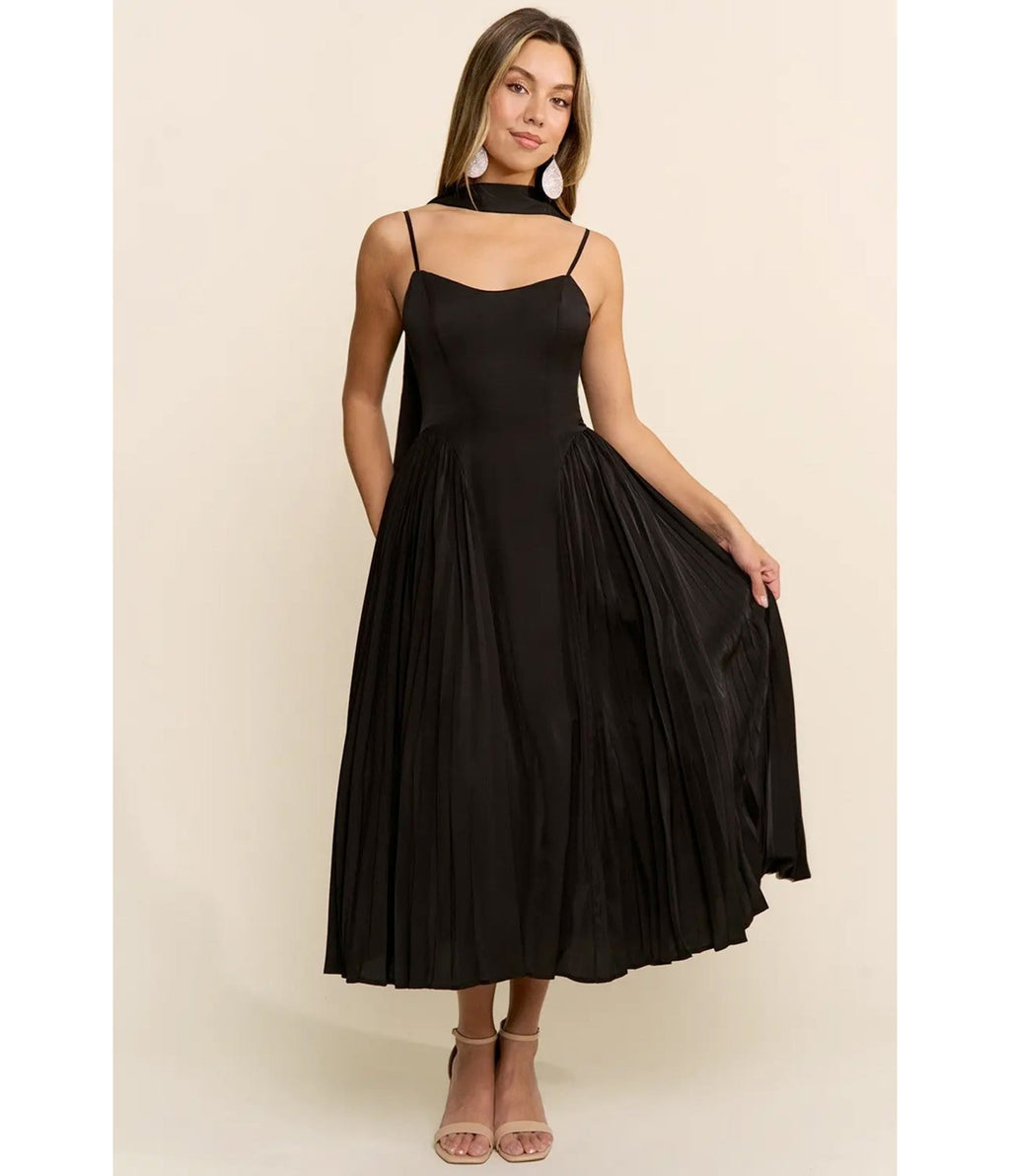 Black Pleated Midi Dress Set - Unique Vintage - Fit & Flare Dresses