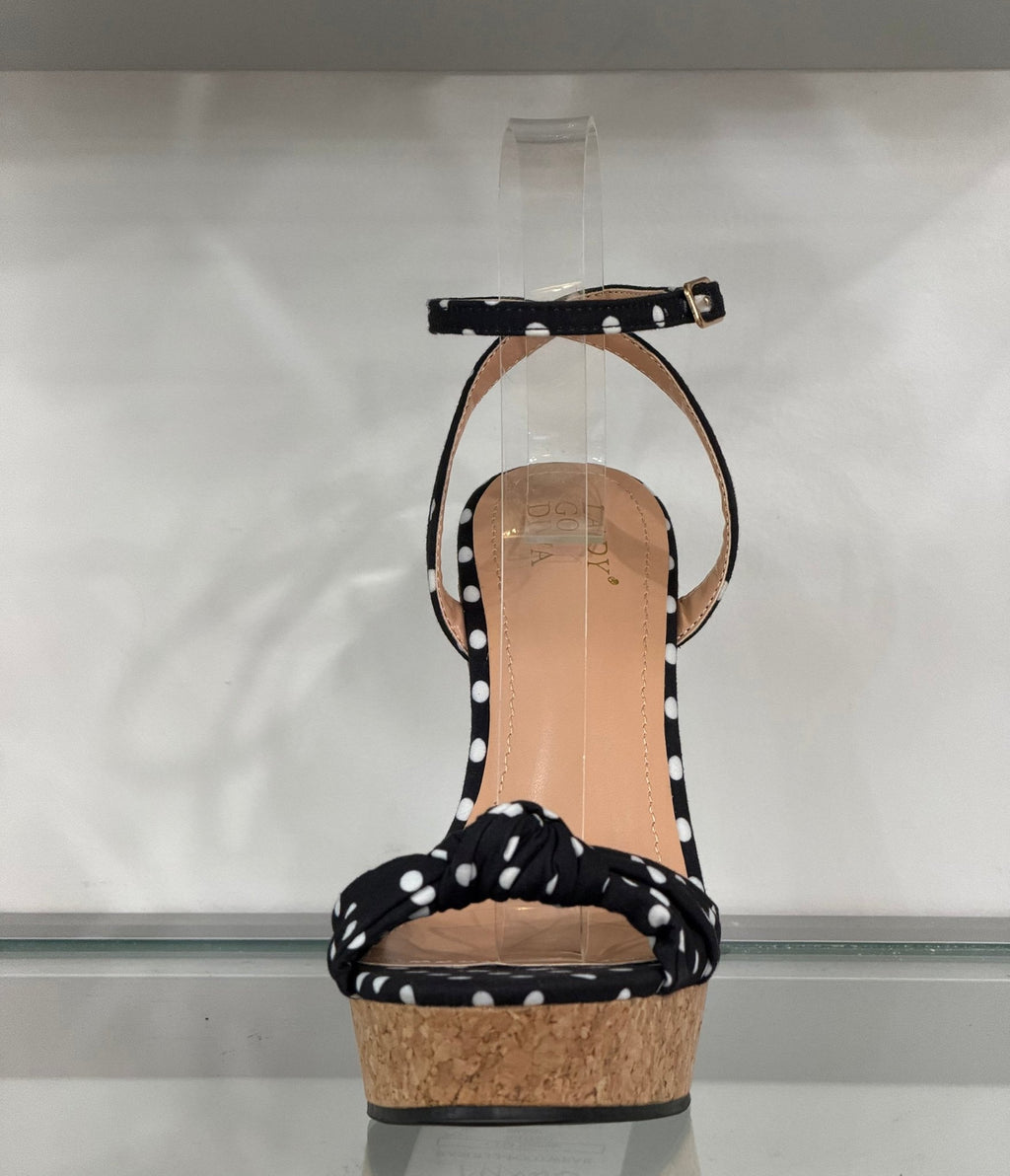 Black Polka Dot Cork Wedge Sandals - Unique Vintage - Womens, SHOES, HEELS
