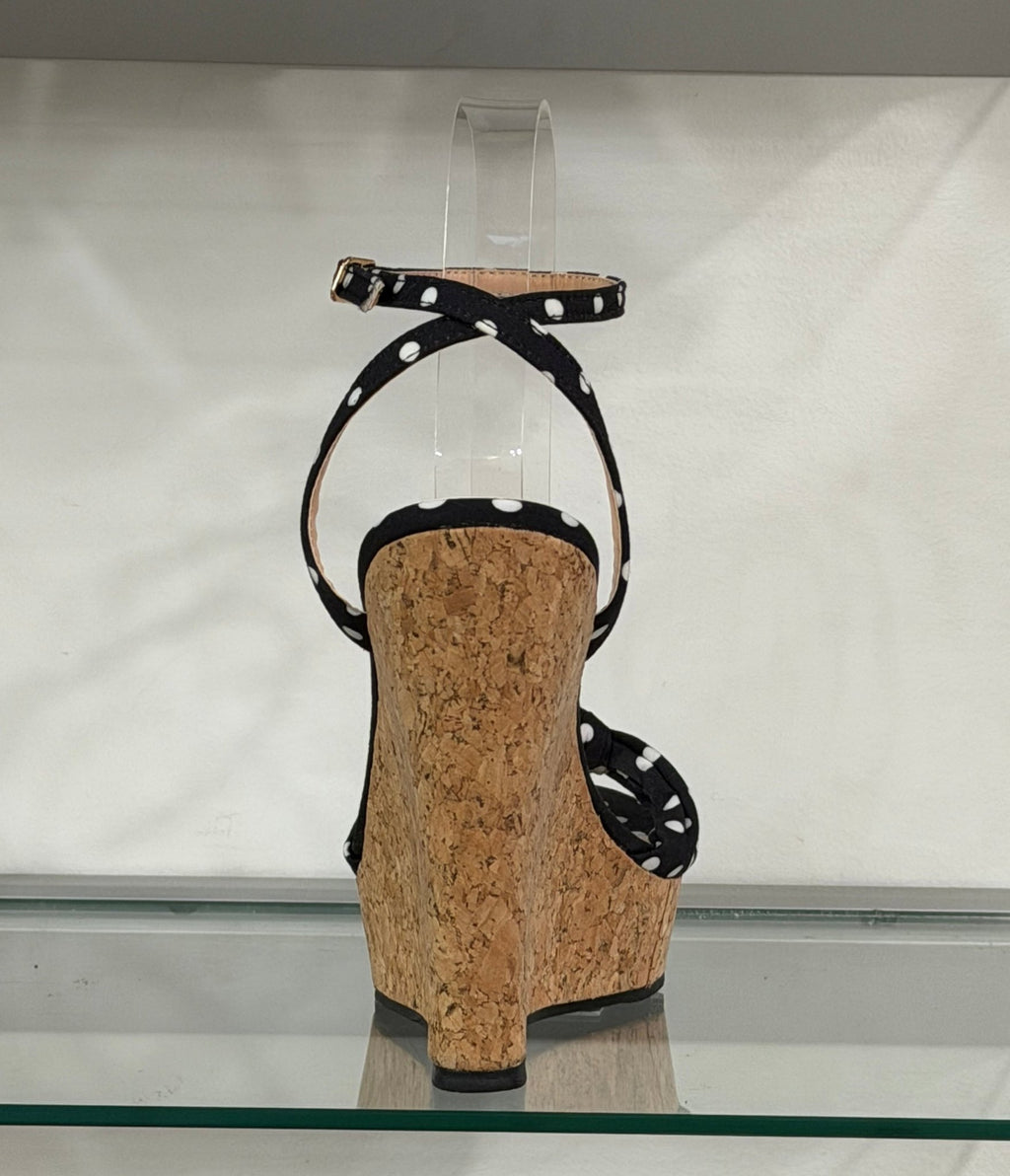 Black Polka Dot Cork Wedge Sandals - Unique Vintage - Womens, SHOES, HEELS