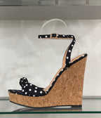 Black Polka Dot Cork Wedge Sandals - Unique Vintage - Womens, SHOES, HEELS