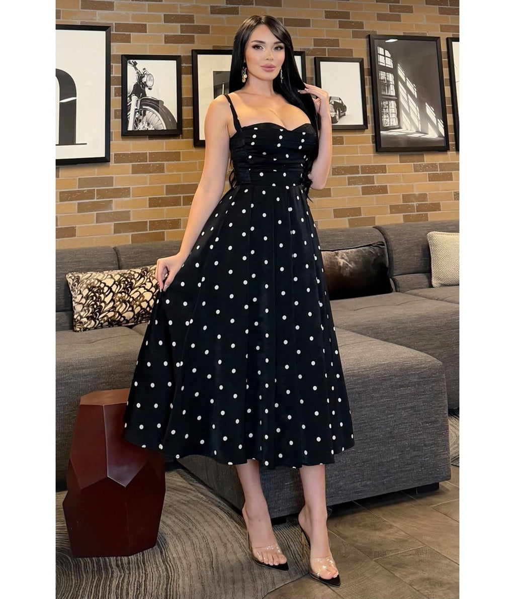 Black Polka Dot Midi Dress - Unique Vintage - Womens, DRESSES, MIDI