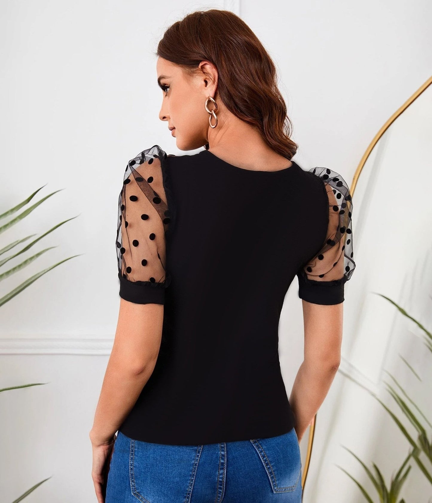 Black Polka Dot Sheer Splicing Top - Unique Vintage - Womens, TOPS, WOVEN TOPS