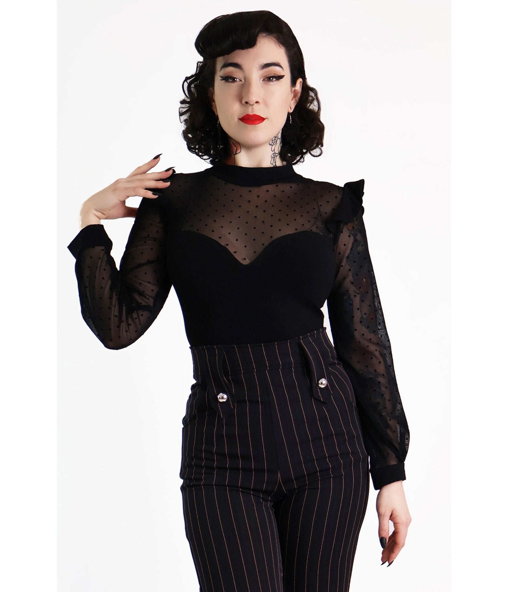 Black Polkadot Lace Long Sleeve Top - Unique Vintage - Womens, TOPS, WOVEN TOPS