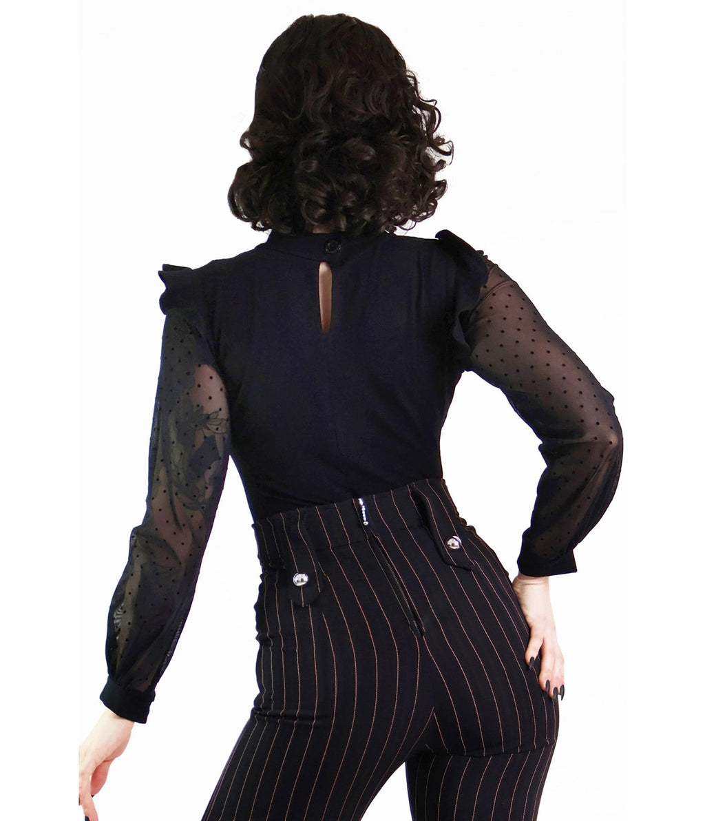 Black Polkadot Lace Long Sleeve Top - Unique Vintage - Womens, TOPS, WOVEN TOPS