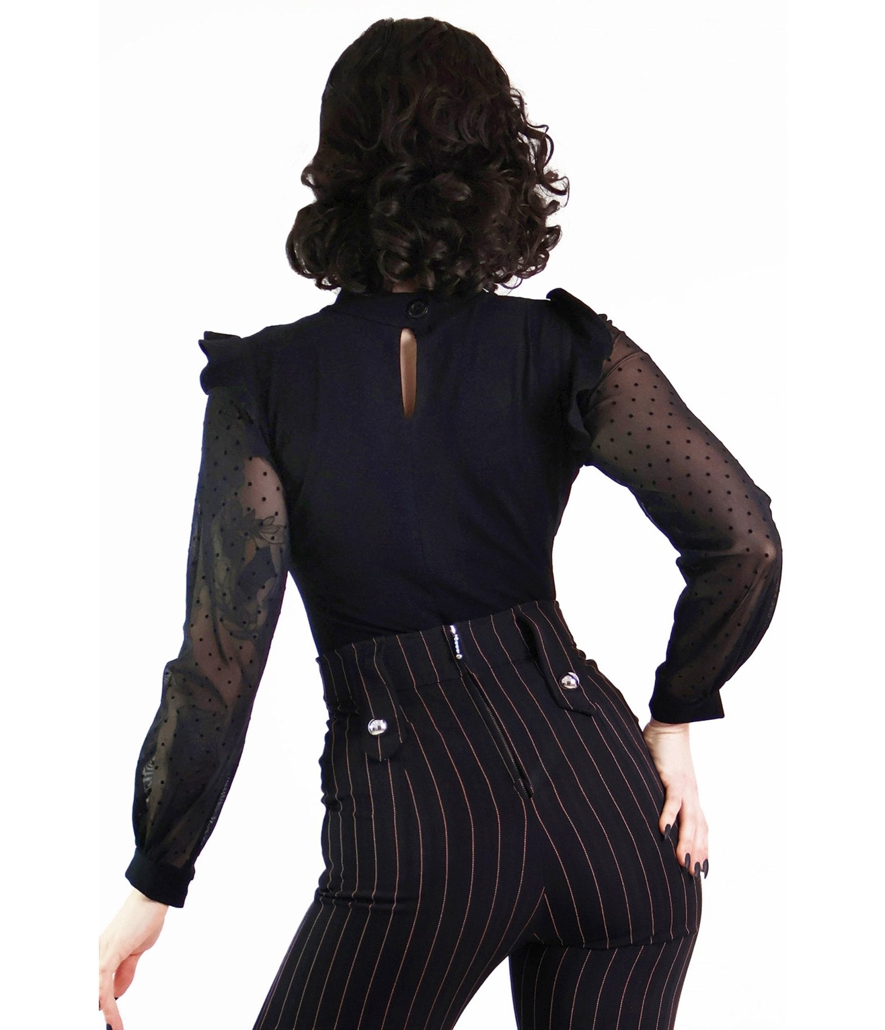 Black Polkadot Lace Long Sleeve Top - Unique Vintage - Womens, TOPS, WOVEN TOPS