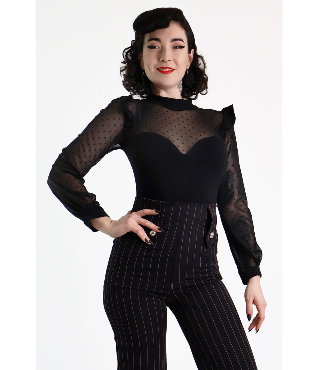 Black Polkadot Lace Long Sleeve Top - Unique Vintage - Womens, TOPS, WOVEN TOPS