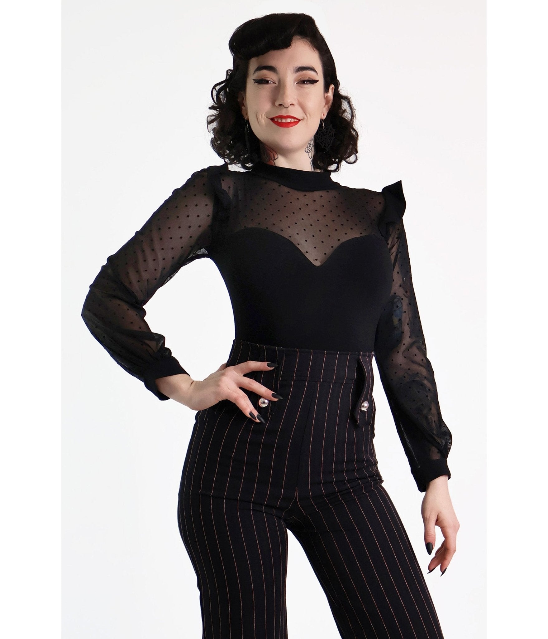 Black Polkadot Lace Long Sleeve Top - Unique Vintage - Womens, TOPS, WOVEN TOPS
