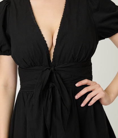 Black Puff Sleeve V - Neck Mini Dress - Unique Vintage - Womens, DRESSES, FIT AND FLARE