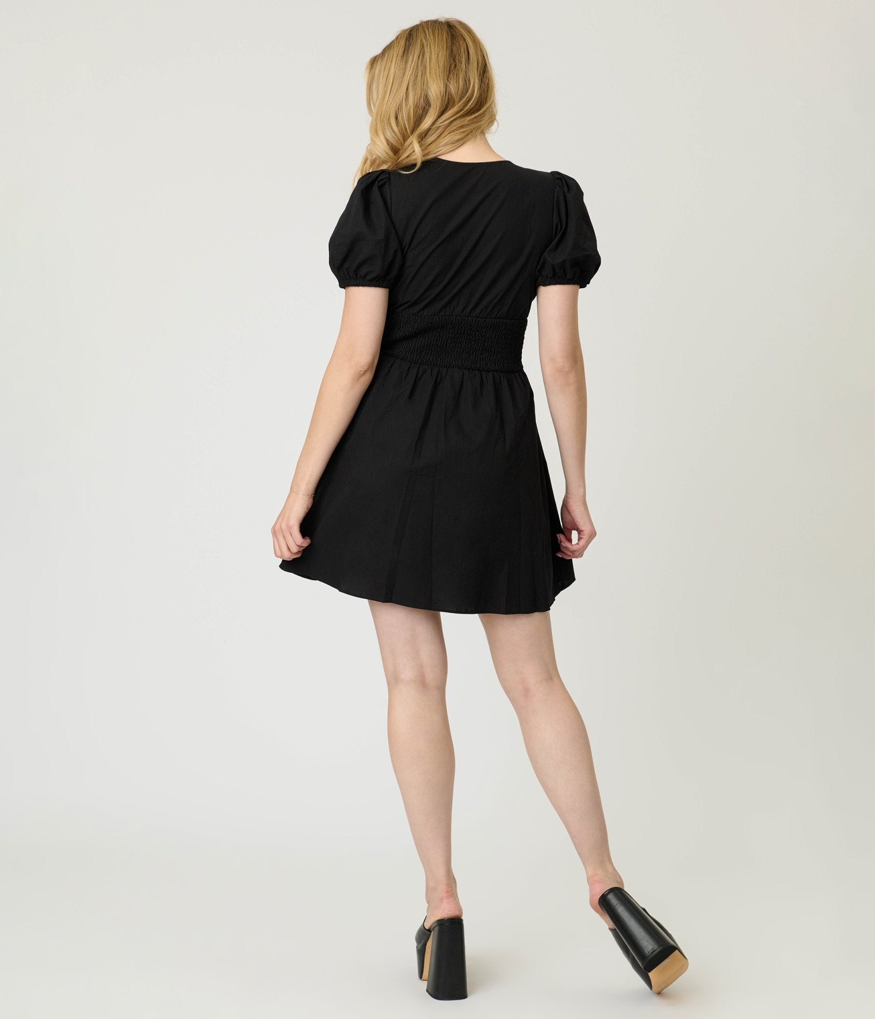 Black Puff Sleeve V - Neck Mini Dress - Unique Vintage - Womens, DRESSES, FIT AND FLARE