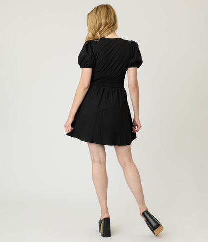 Black Puff Sleeve V - Neck Mini Dress - Unique Vintage - Womens, DRESSES, FIT AND FLARE
