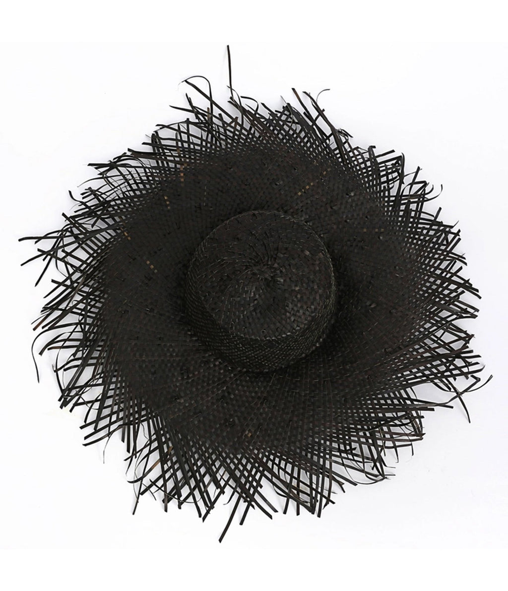 Black Raffia Frayed Edge Hat - Unique Vintage - Womens, ACCESSORIES, HATS
