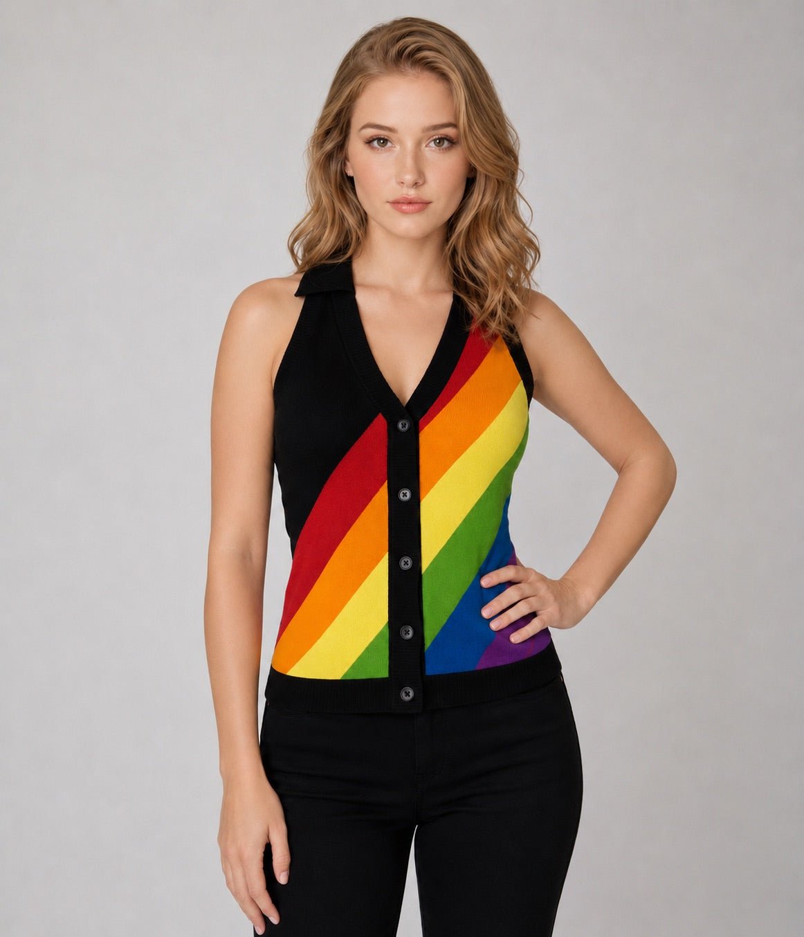 Black Rainbow Stripe Halter Vest - Unique Vintage - Womens, TOPS, KNIT TOPS