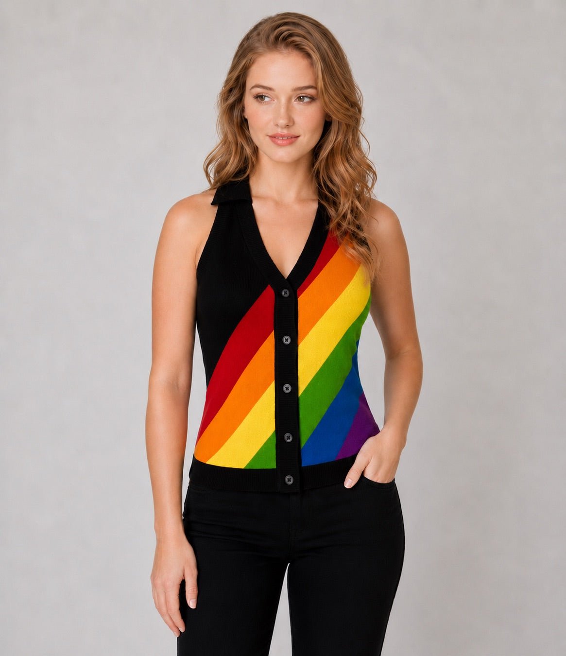 Black Rainbow Stripe Halter Vest - Unique Vintage - Womens, TOPS, KNIT TOPS