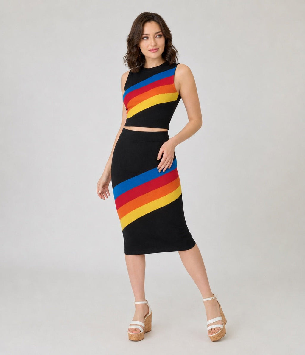 Black Rainbow Stripe Top & Skirt Set - Unique Vintage - Womens, BOTTOMS, SKIRTS