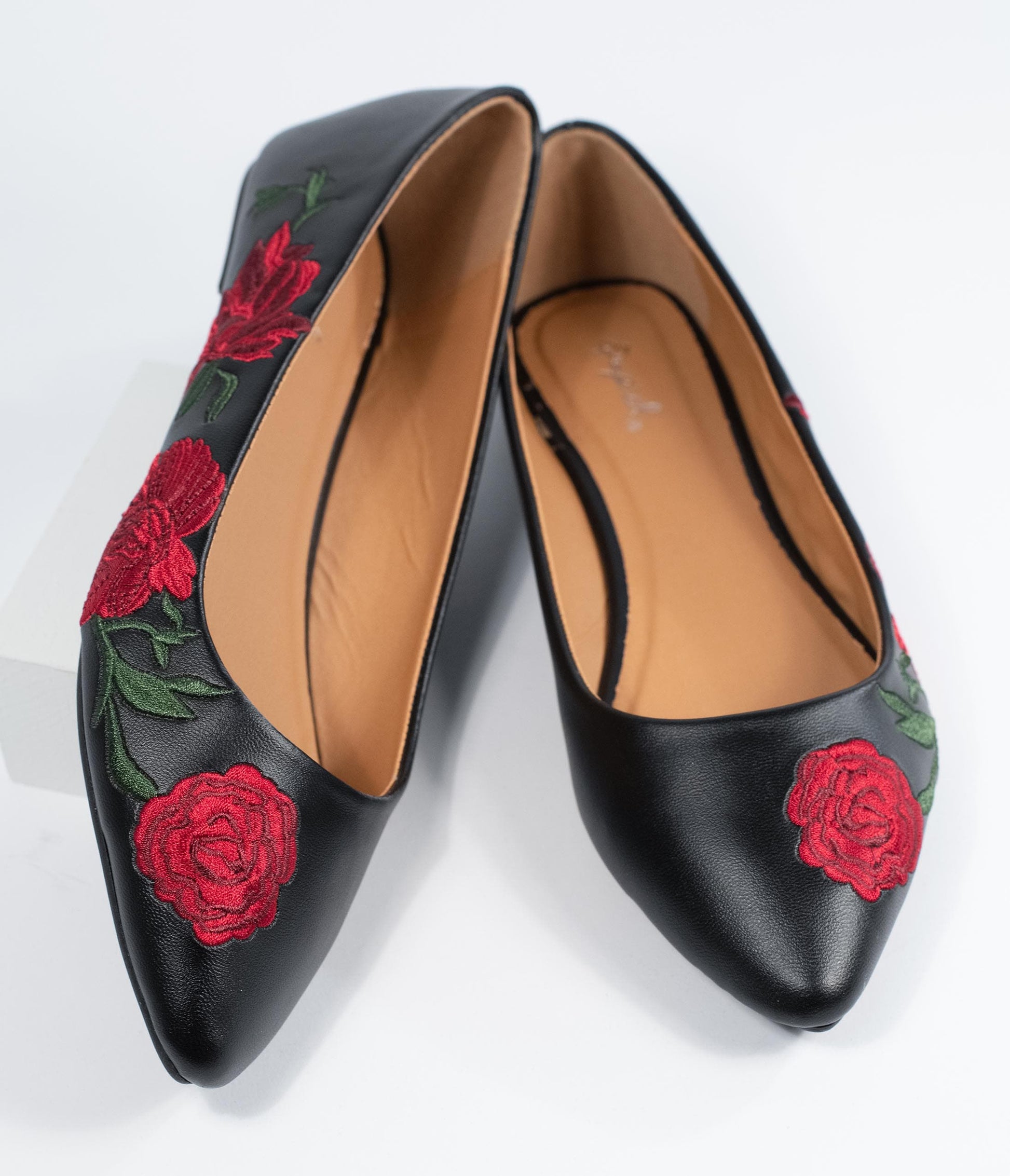 Black & Red Embroidered Florals Leatherette Flats - Unique Vintage - Womens, SHOES, FLATS