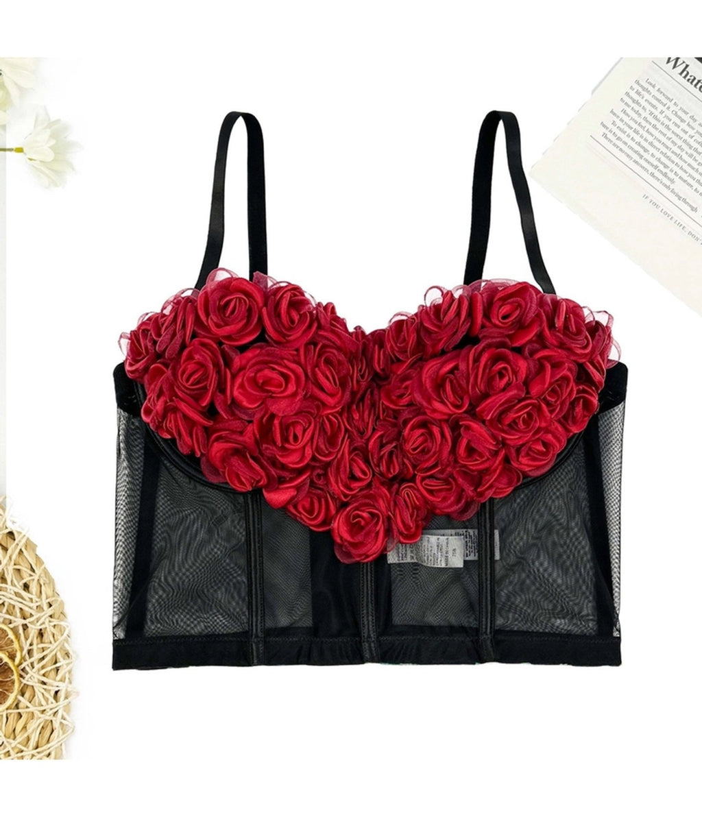 Black & Red Flowers Heart Bustier Crop Top - Unique Vintage - Womens, TOPS, TOPS
