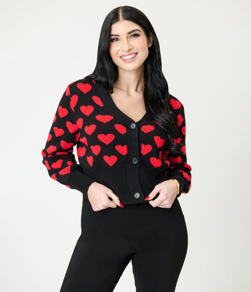 Black & Red Heart Cropped Cardigan - Unique Vintage - Womens, TOPS, SWEATERS