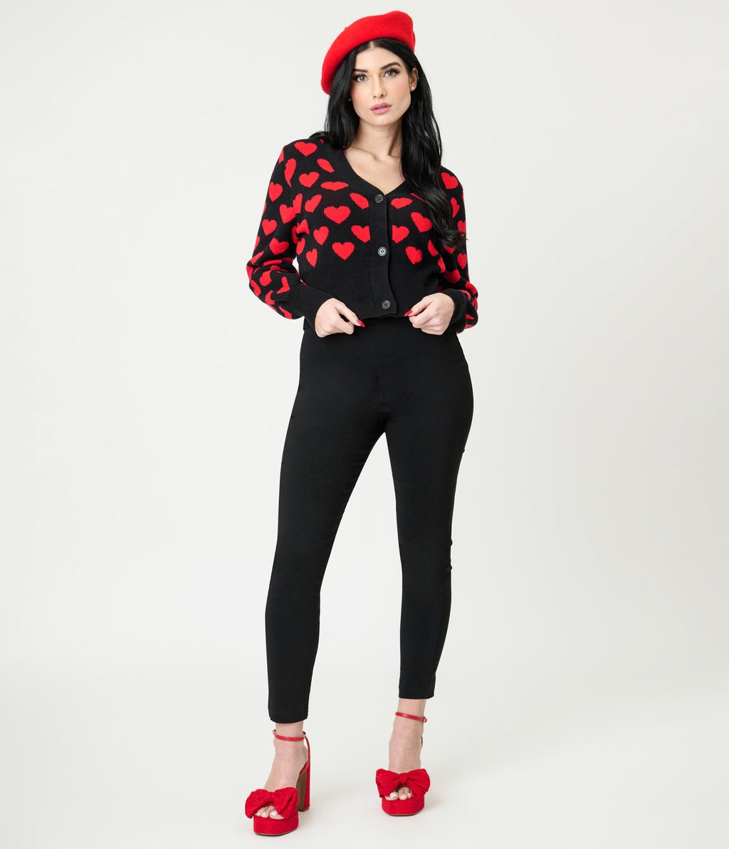 Black & Red Heart Cropped Cardigan - Unique Vintage - Womens, TOPS, SWEATERS