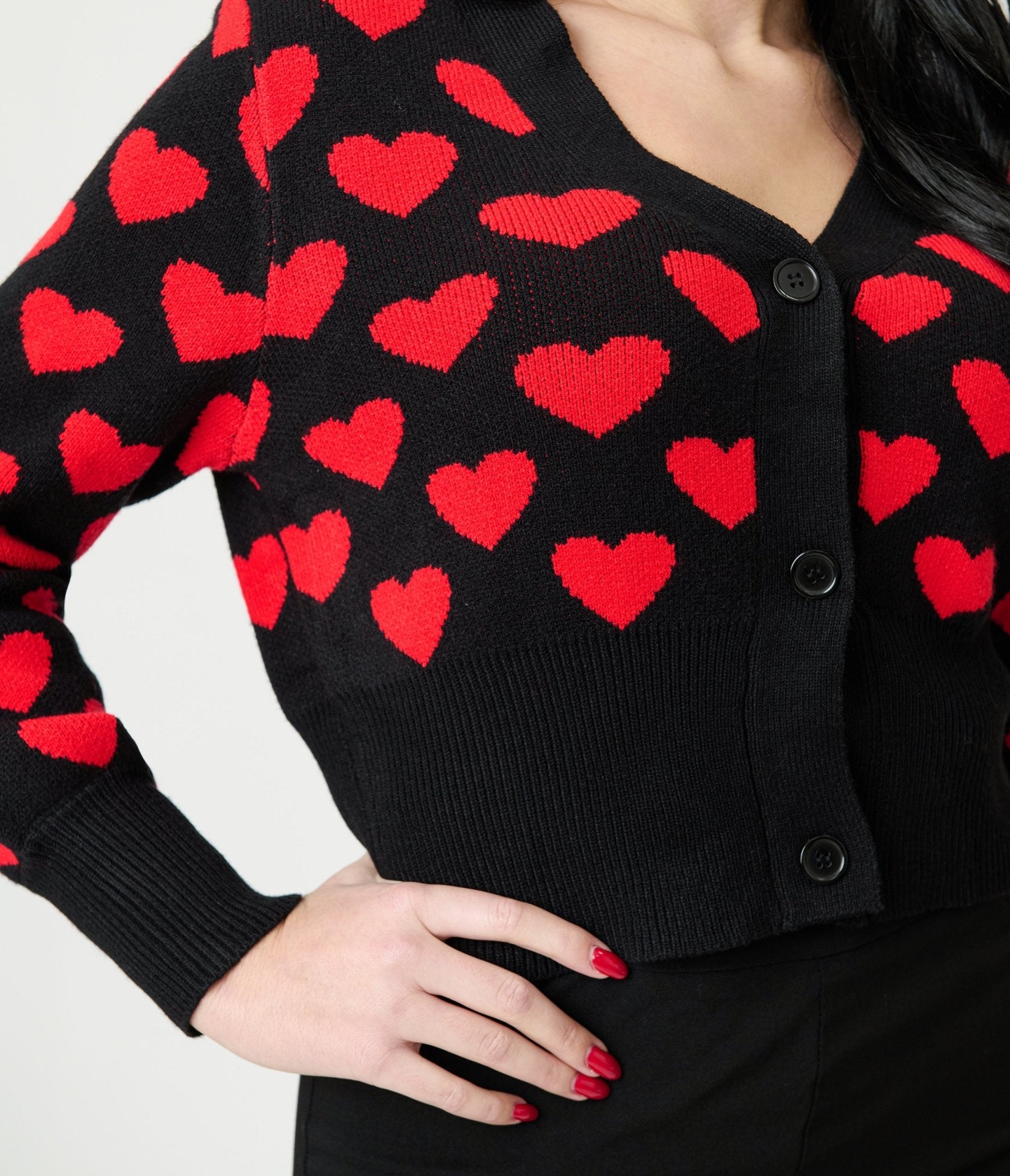 Black & Red Heart Cropped Cardigan – Unique Vintage