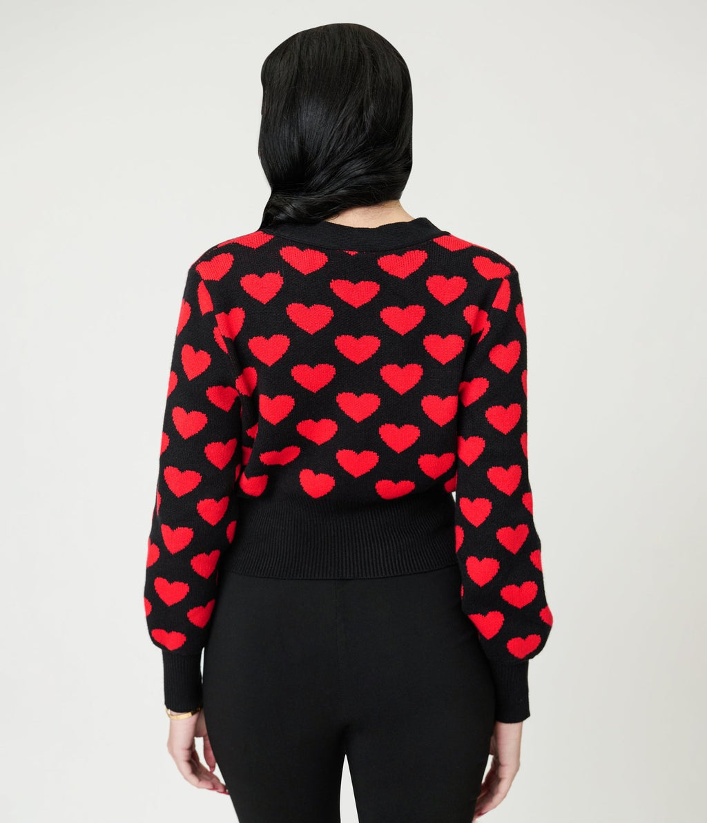 Black & Red Heart Cropped Cardigan - Unique Vintage - Womens, TOPS, SWEATERS