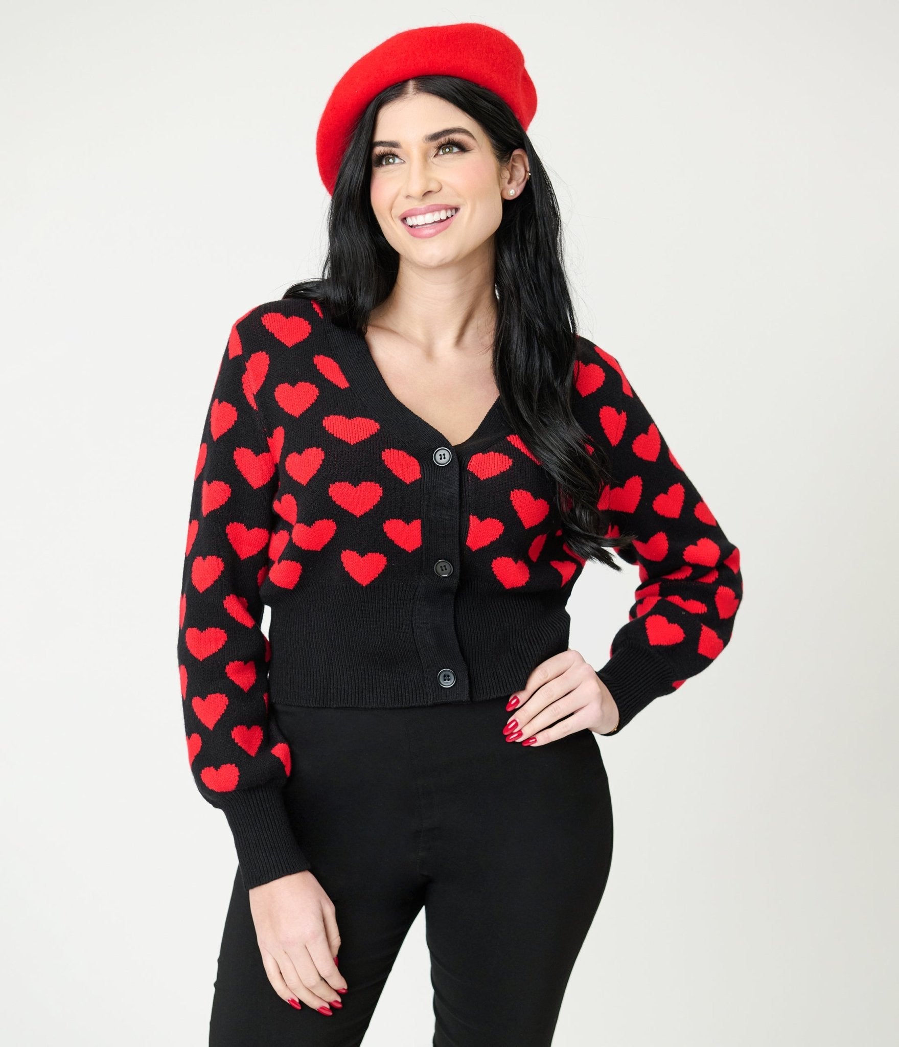 Black & Red Heart Cropped Cardigan – Unique Vintage